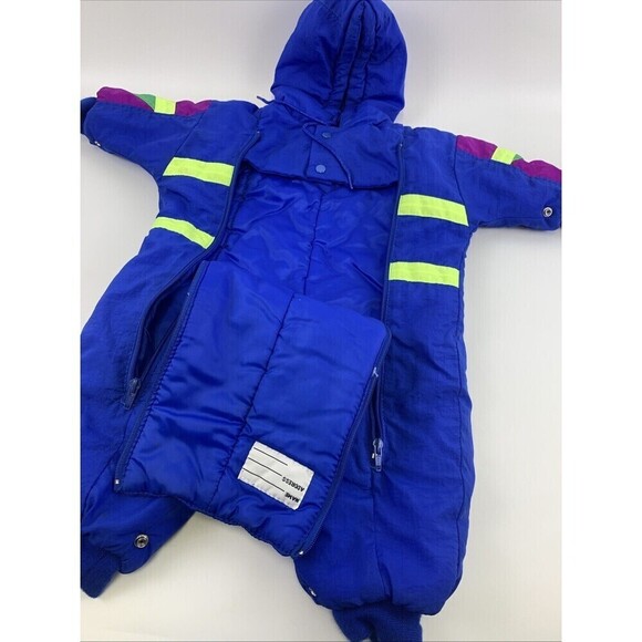 Alpine Way Vintage Baby Snowsuit Full Zip Hooded Blue Purple Neon Nylon 12 Month - Picture 7 of 15